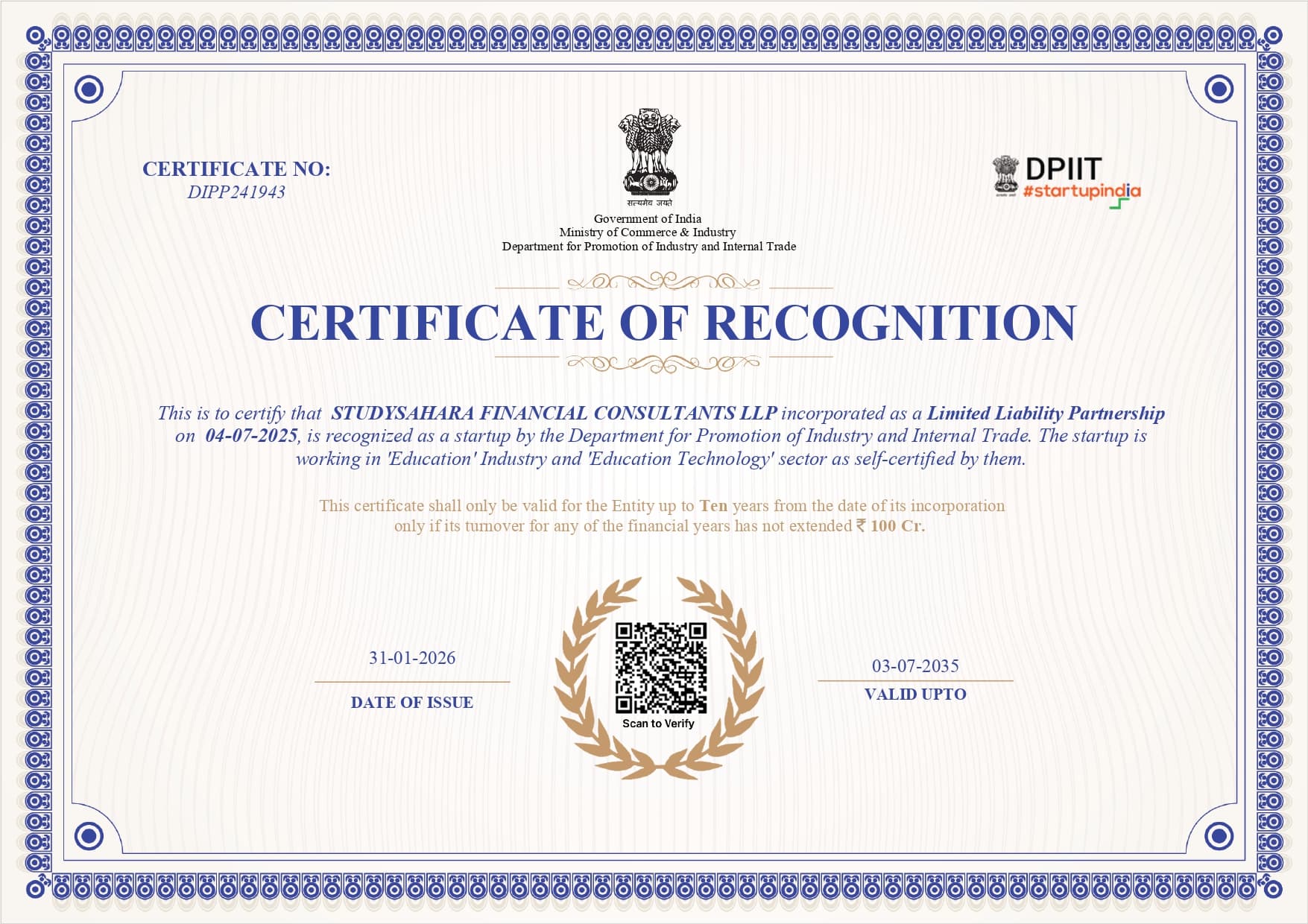 StudySahara DPIIT Startup India Certificate