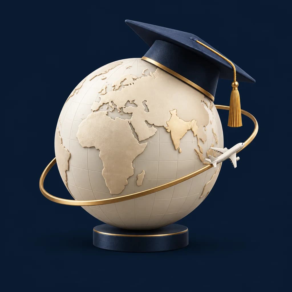 Sculptural globe, graduation cap and flight path representing a study abroad journey